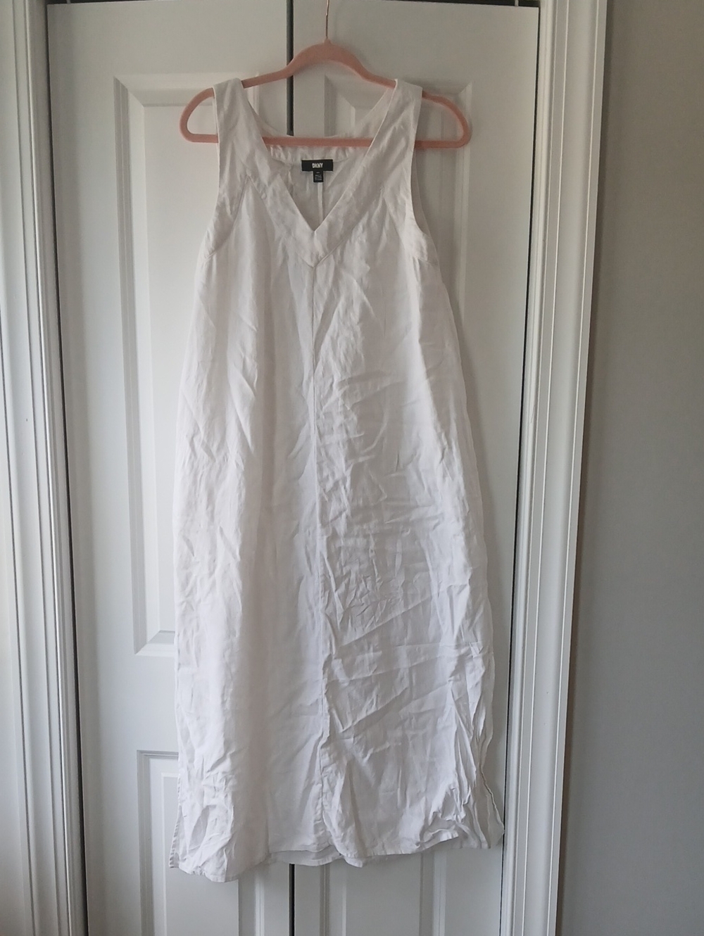 Dkny Lightweight Linen Blend Maxi With Side Slits, White Size Medium